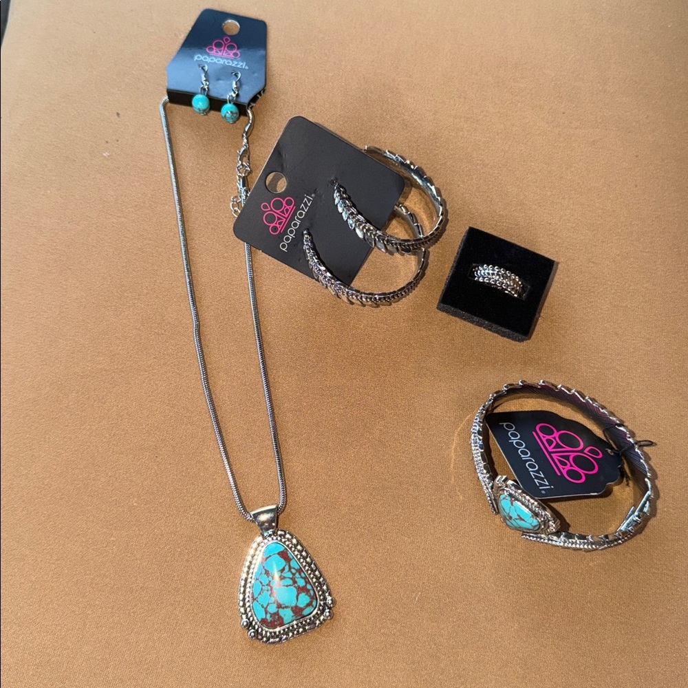Paparazzi Turquoise Jewelry Set with Necklace, 2 Earring Sets, Ring and Bracelet